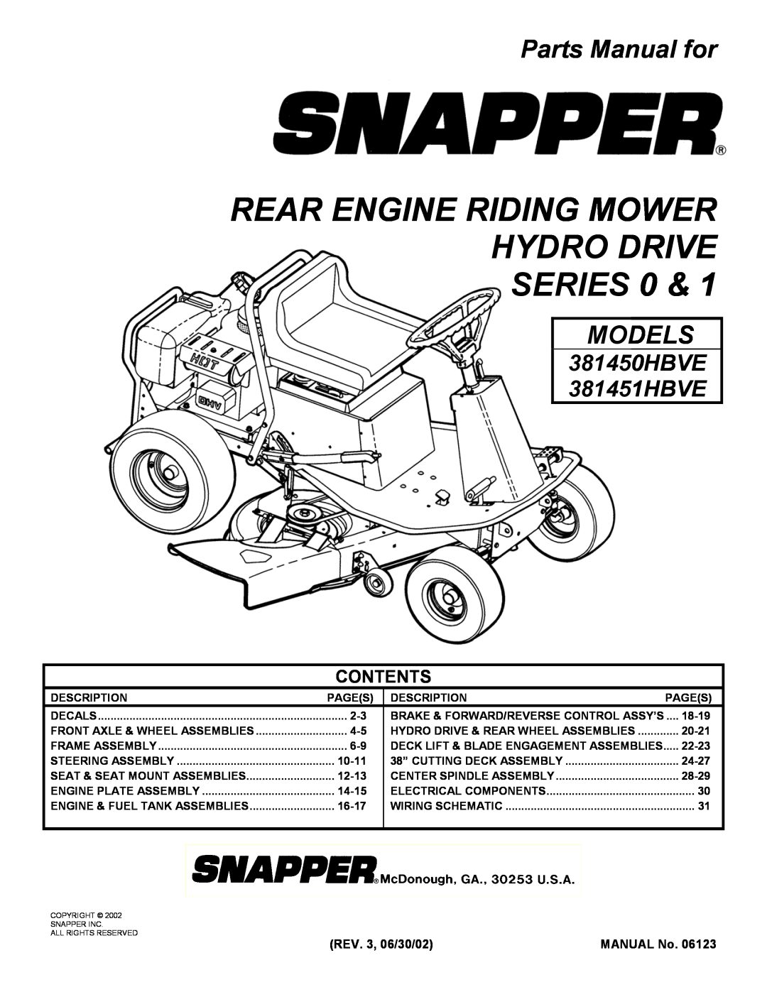 Snapper 381450HBVE manual Parts Manual for, Models, Contents, Rear Engine Riding Mower Hydro Drive Series 