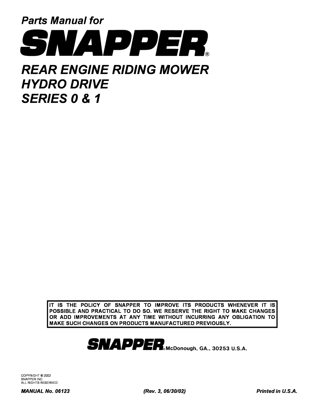 Snapper 381450HBVE manual Rear Engine Riding Mower Hydro Drive Series, Parts Manual for, MANUAL No, Rev. 3, 06/30/02 