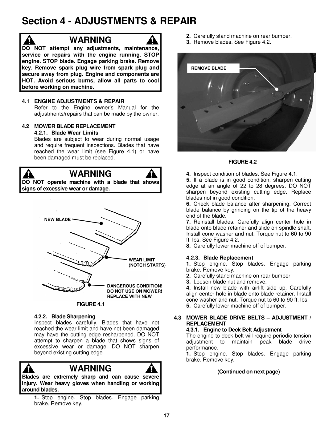 Snapper 381451HBVE Engine Adjustments & Repair Mower Blade Replacement, Mower Blade Drive Belts Adjustment / Replacement 