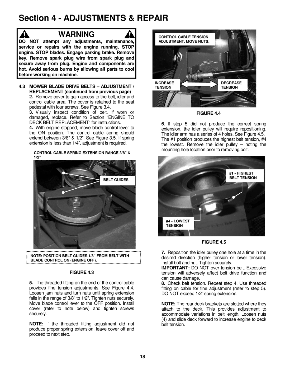 Snapper 381451HBVE important safety instructions Control Cable Spring Extension Range 3/8 & 1/2 Belt Guides 