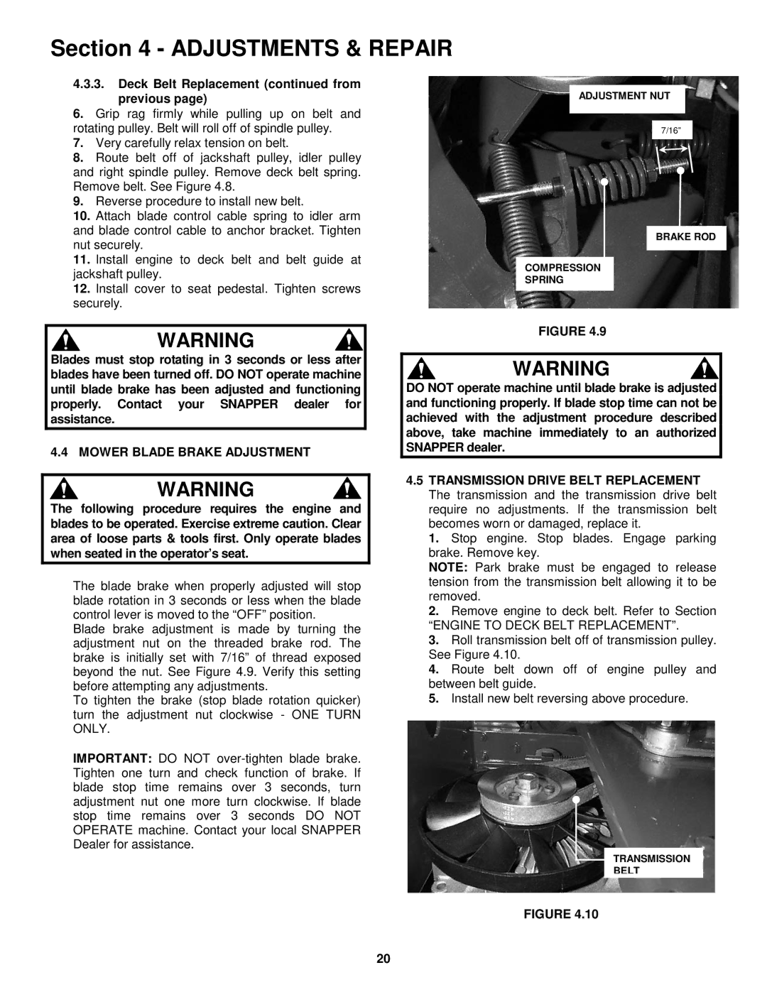 Snapper 381451HBVE important safety instructions Deck Belt Replacement from Previous, Mower Blade Brake Adjustment 