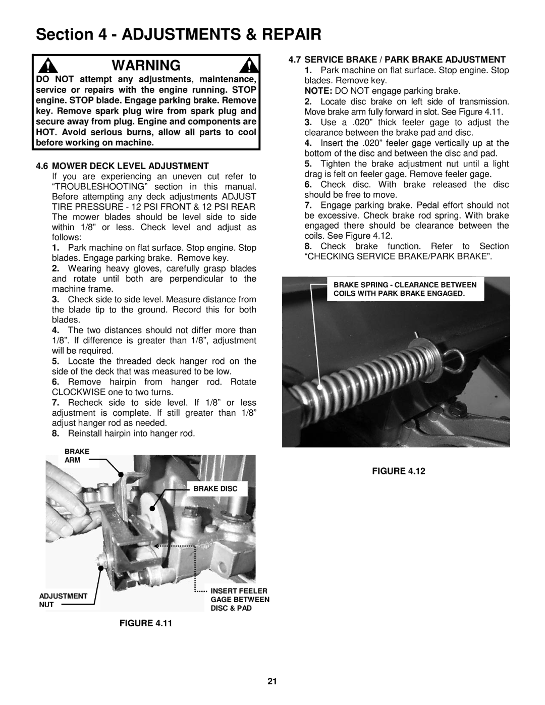 Snapper 381451HBVE important safety instructions Mower Deck Level Adjustment, Service Brake / Park Brake Adjustment 