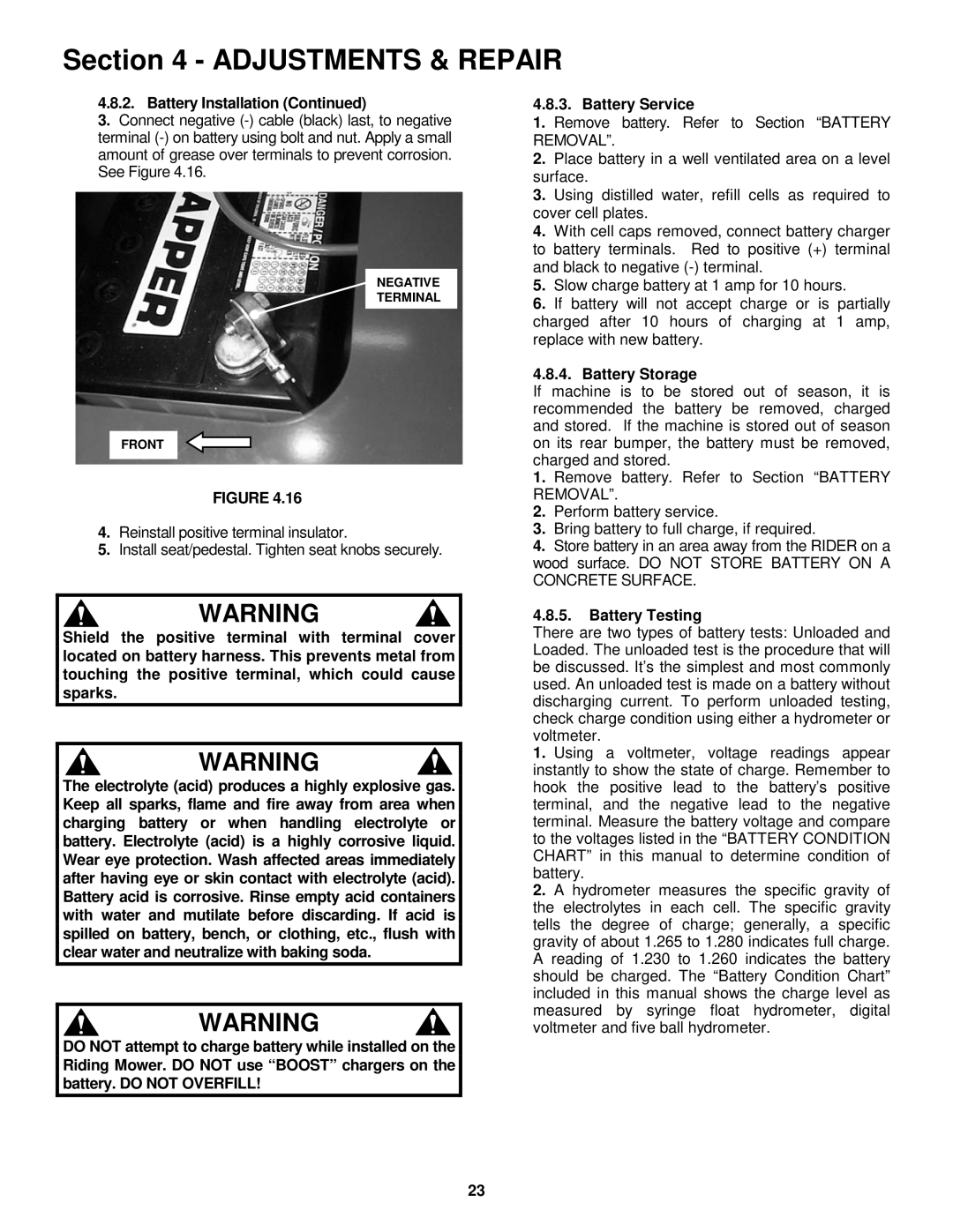 Snapper 381451HBVE important safety instructions Battery Storage, Battery Testing 