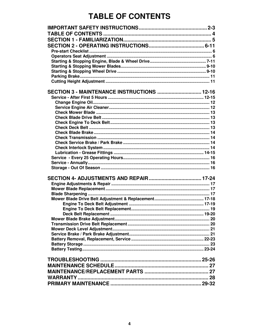 Snapper 381451HBVE important safety instructions Table of Contents 