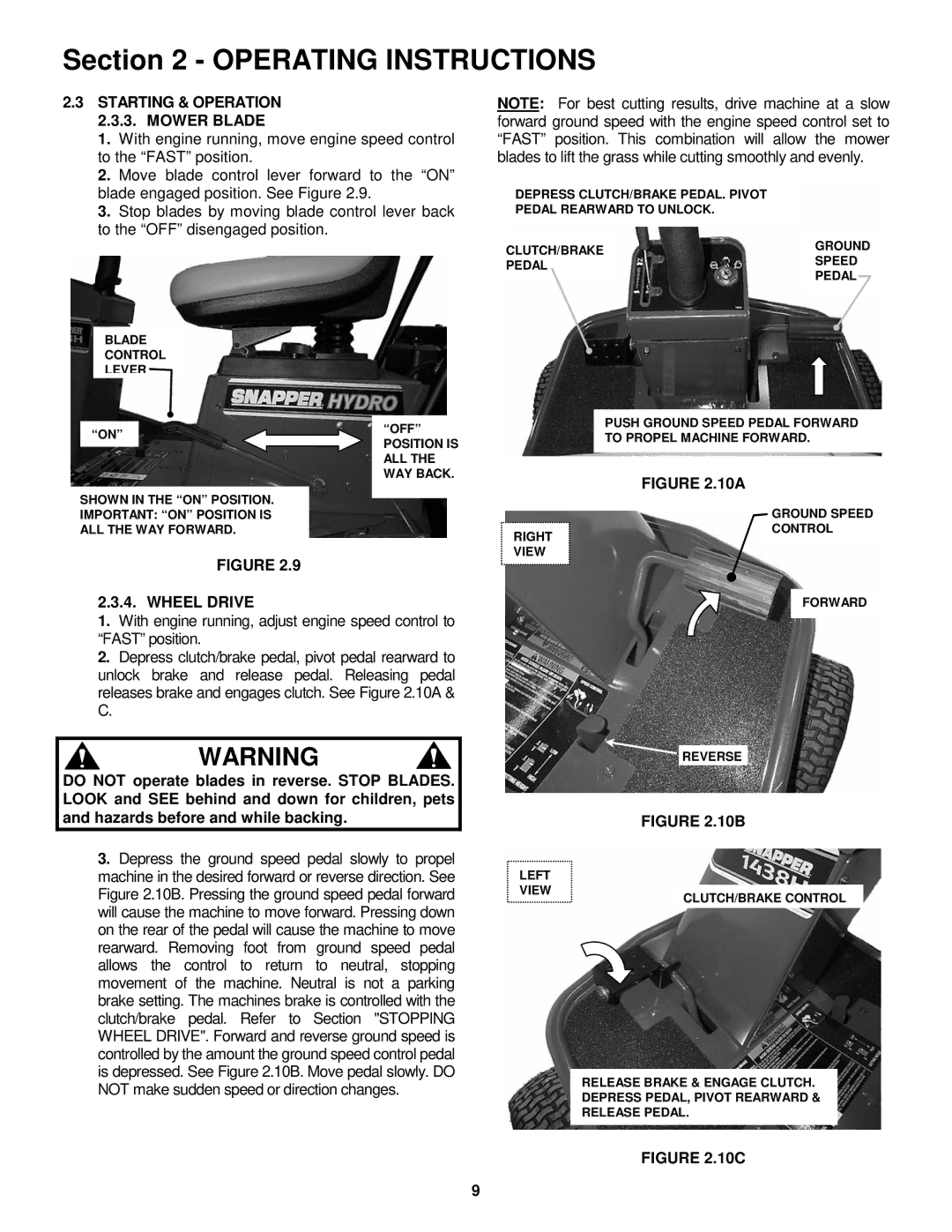 Snapper 381451HBVE important safety instructions Starting & Operation 2.3.3. Mower Blade, Wheel Drive 