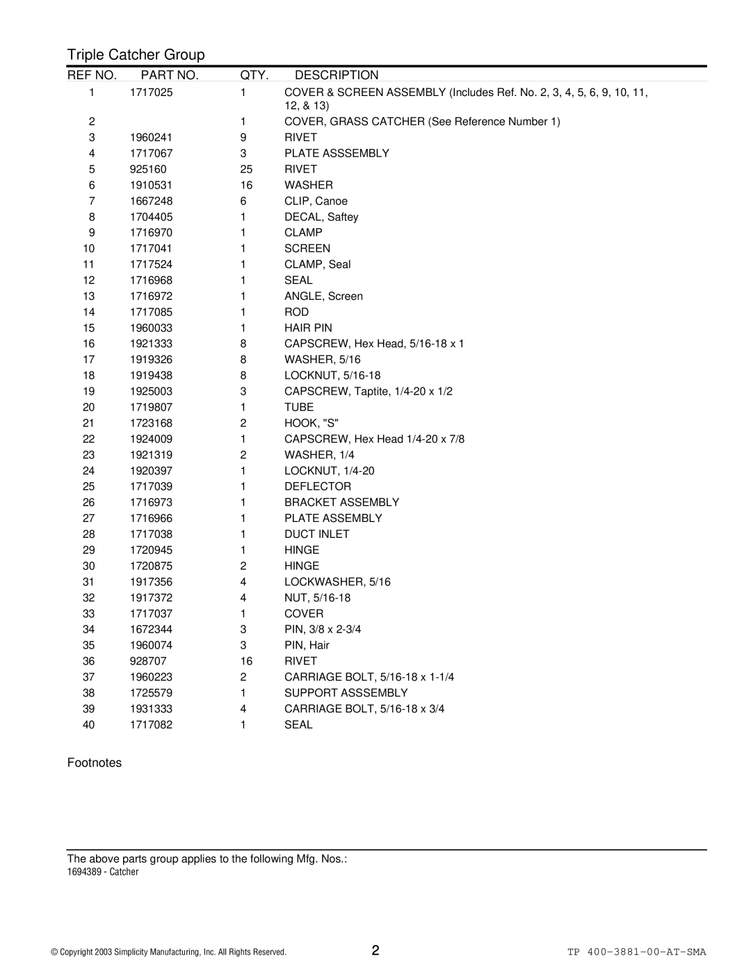 Snapper 3881 manual REF no QTY Description, Footnotes 