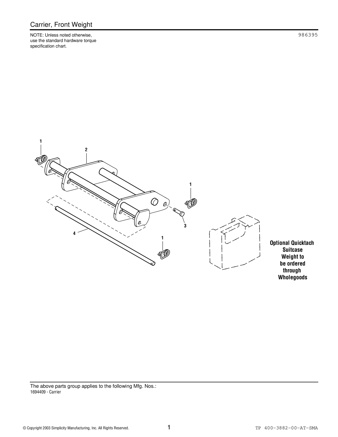 Snapper 3882 manual Carrier, Front Weight 