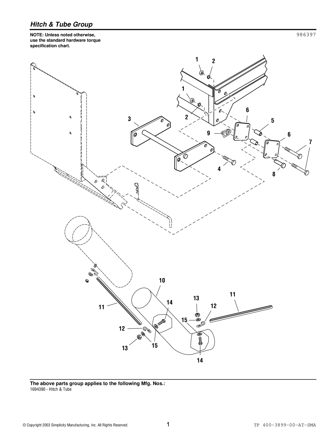 Snapper 3899 manual Hitch & Tube Group 