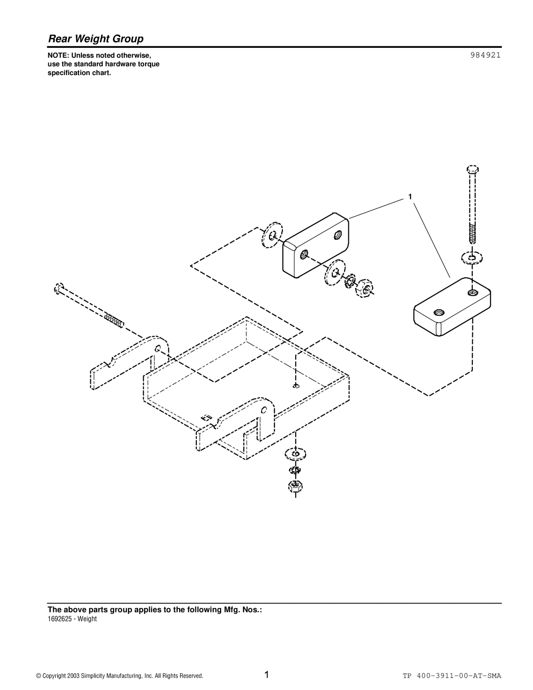 Snapper 3911 manual Rear Weight Group 