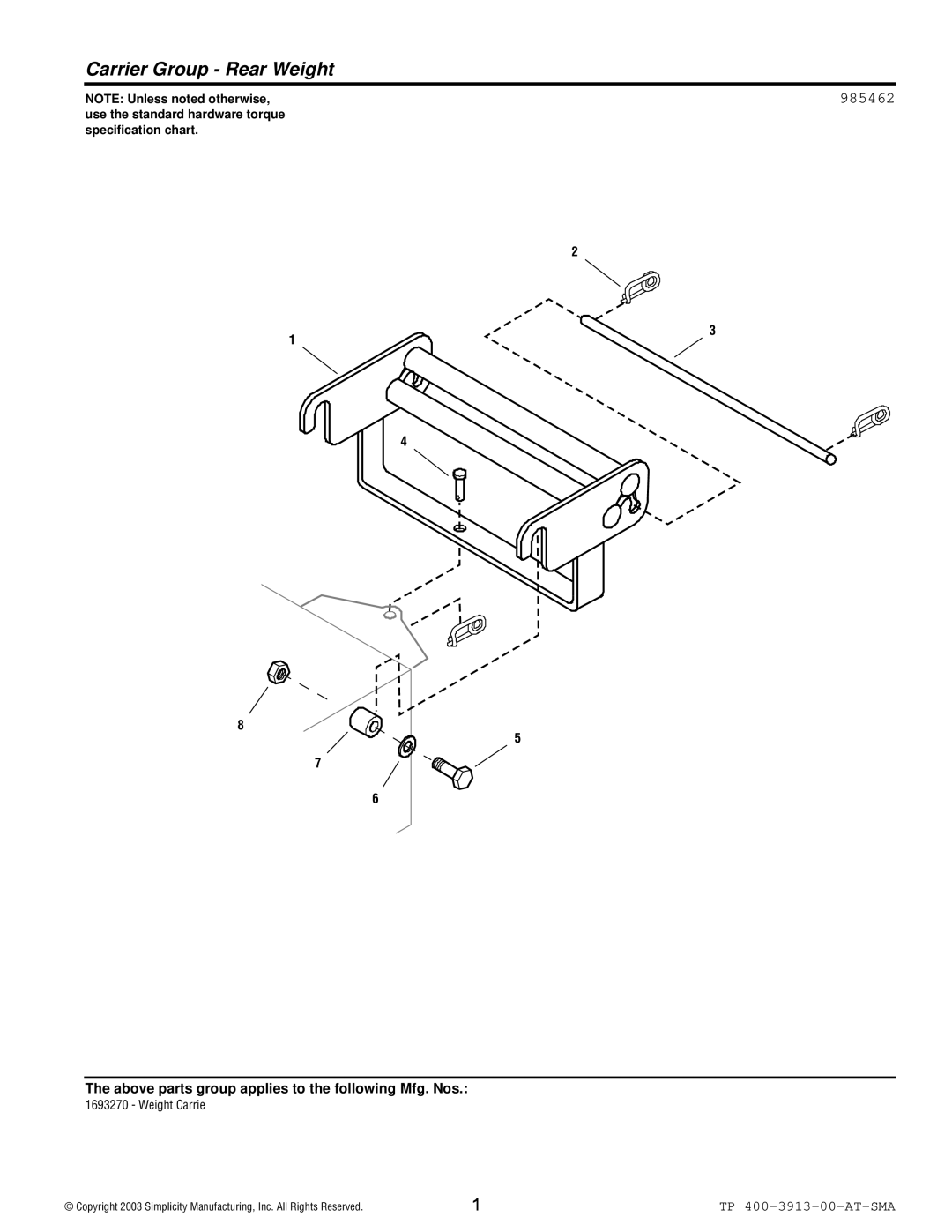 Snapper 3913 manual Carrier Group Rear Weight 