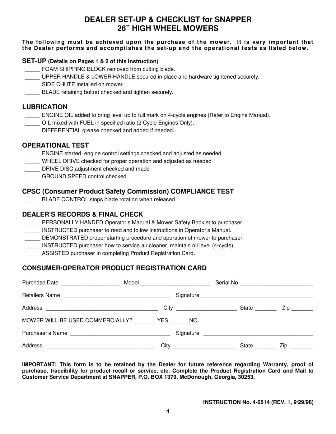 Snapper 4-6814 manual Dealer SET-UP & Checklist for Snapper 