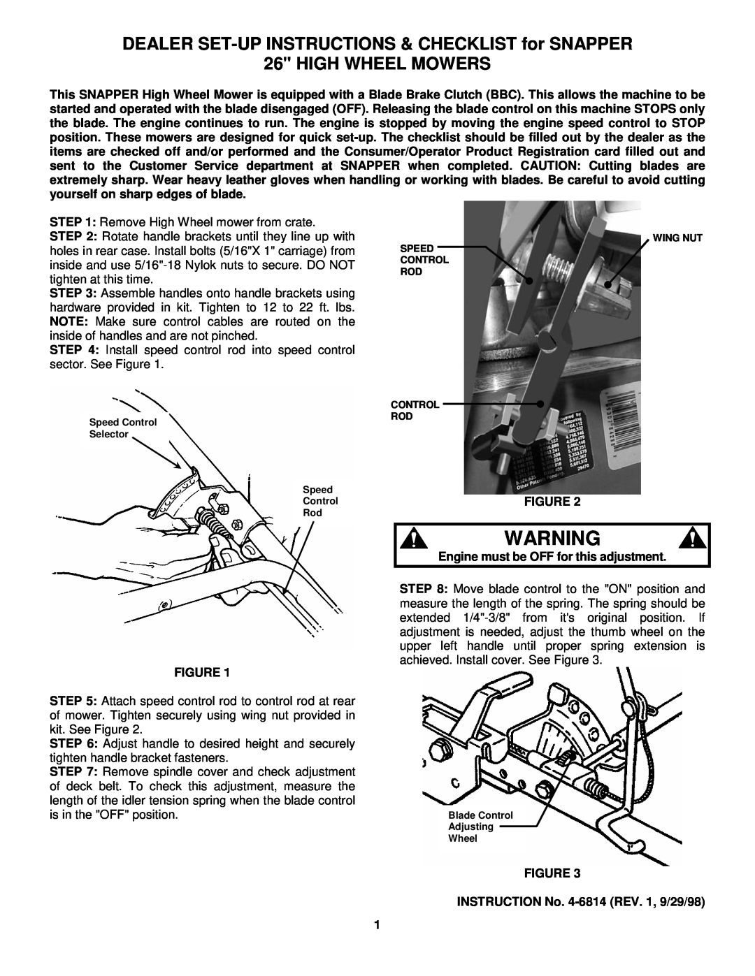 Snapper 4-6814 manual DEALER SET-UPINSTRUCTIONS & CHECKLIST for SNAPPER, High Wheel Mowers 