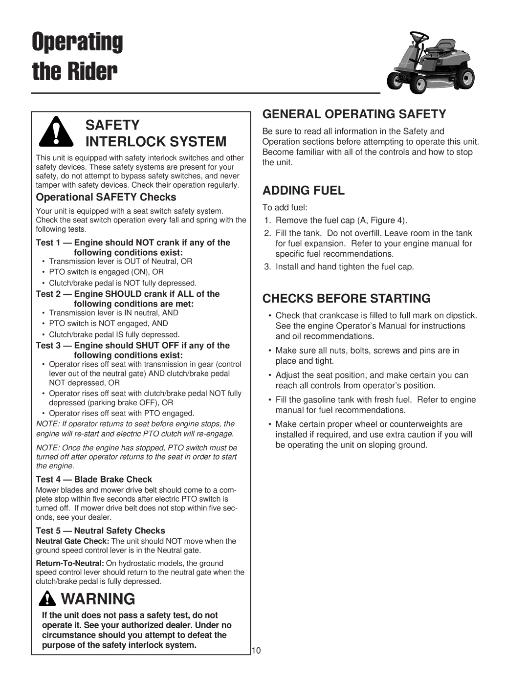 Snapper 400 / 2400 manual General Operating Safety, Adding Fuel, Checks Before Starting, Operational Safety Checks 