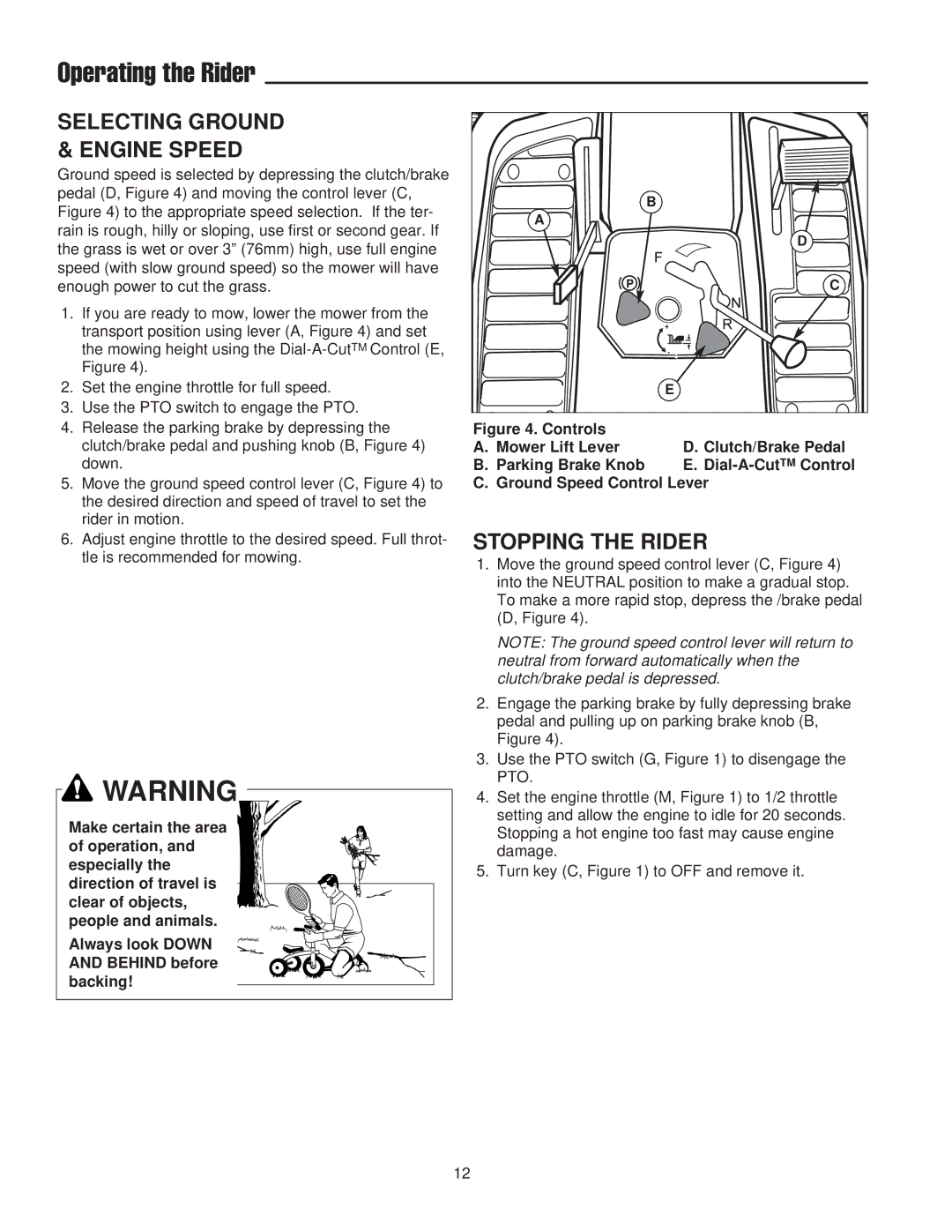 Snapper 400 / 2400 manual Selecting Ground & Engine Speed, Stopping the Rider 