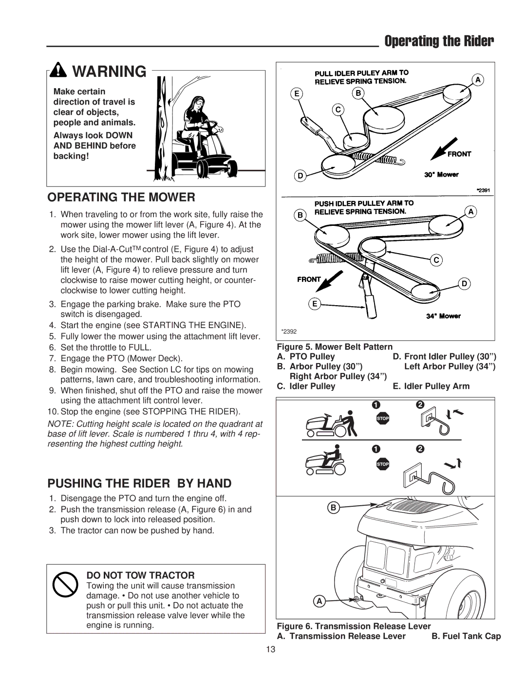 Snapper 400 / 2400 manual Operating the Mower, Pushing the Rider by Hand 