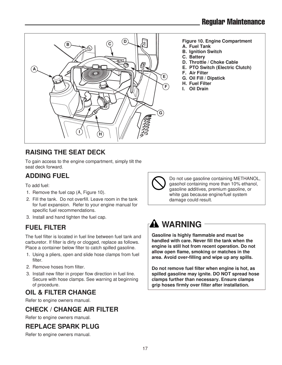 Snapper 400 / 2400 manual Raising the Seat Deck, Fuel Filter 