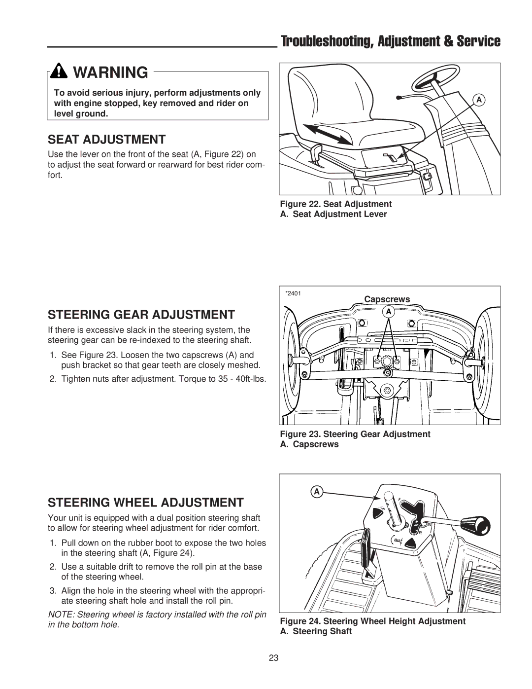 Snapper 400 / 2400 manual Seat Adjustment, Steering Gear Adjustment, Steering Wheel Adjustment, Capscrews 