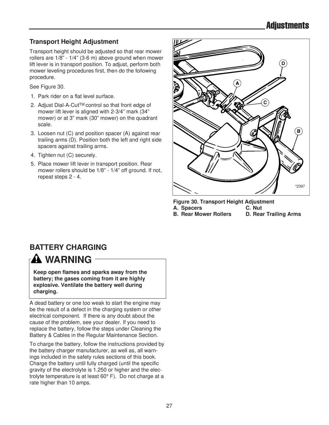 Snapper 400 / 2400 manual Battery Charging, Transport Height Adjustment, Spacers Nut Rear Mower Rollers Rear Trailing Arms 