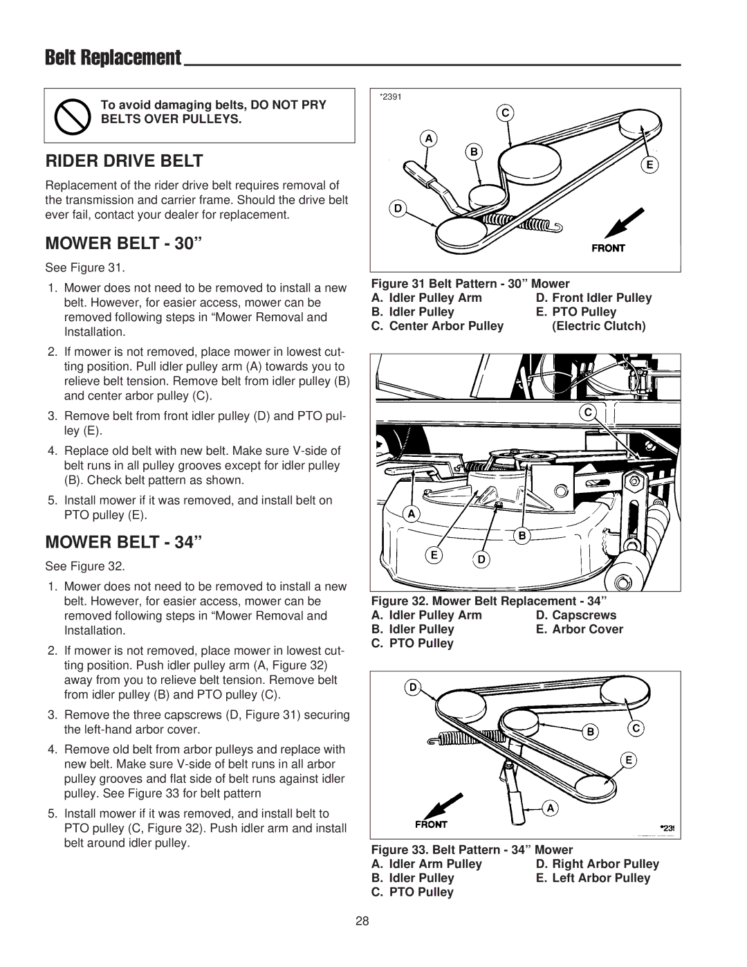 Snapper 400 / 2400 manual Belt Replacement, Rider Drive Belt, Mower Belt, To avoid damaging belts, do not PRY 