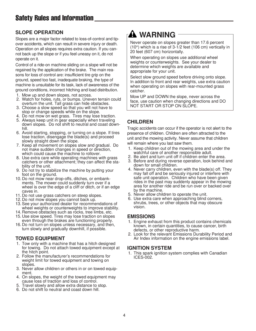 Snapper 400 / 2400 manual Safety Rules and Information, Slope Operation 