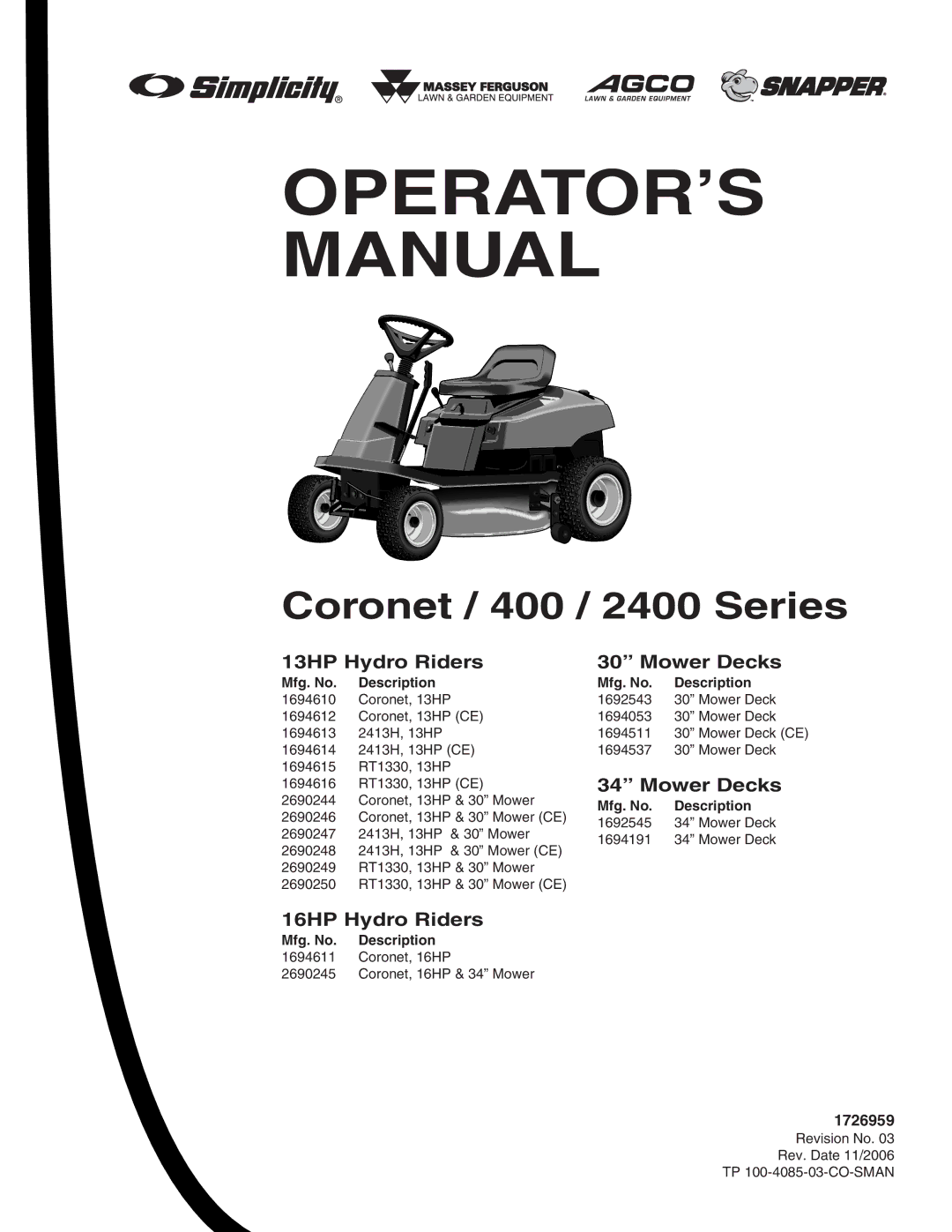 Snapper 400 Series manual 13HP Hydro Riders Mower Decks, 16HP Hydro Riders 