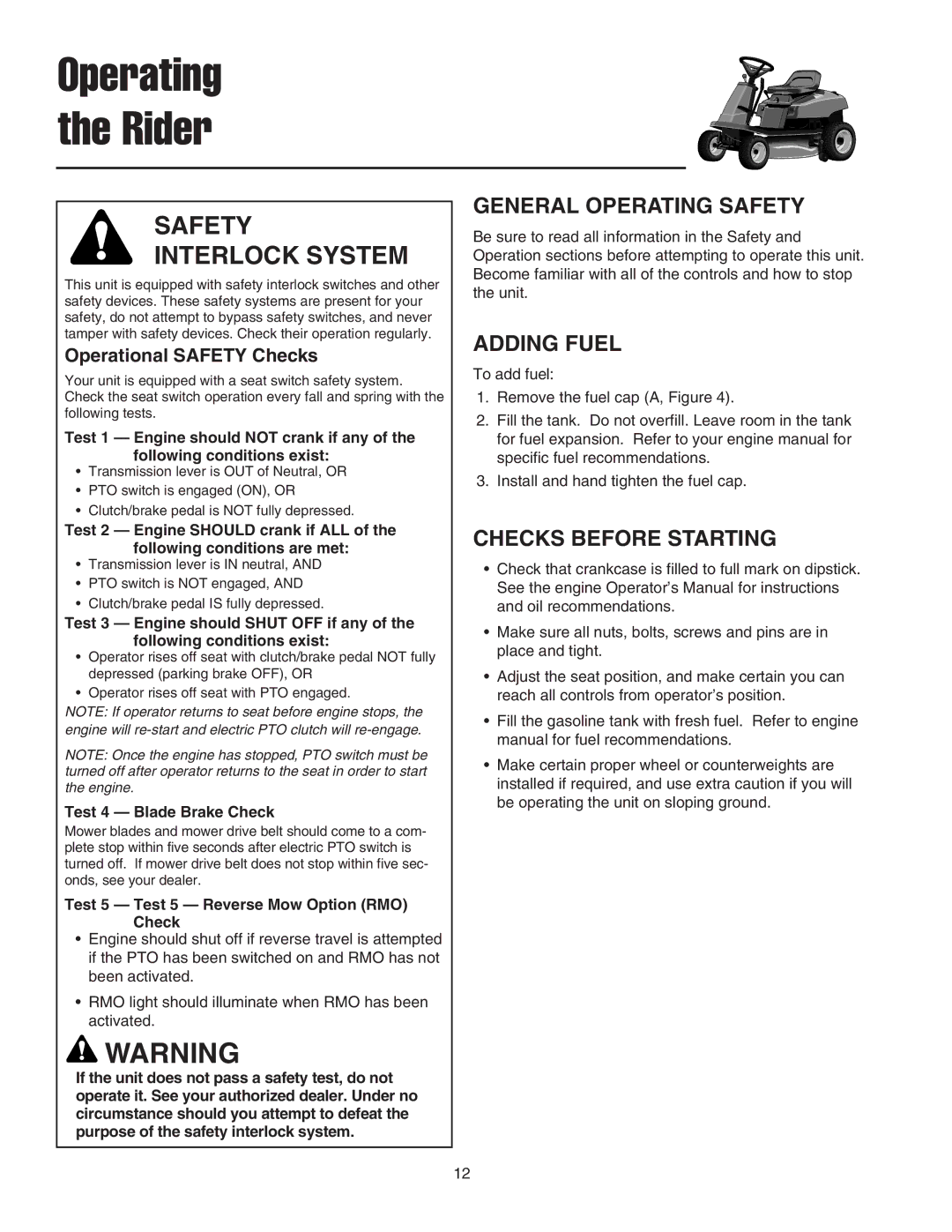 Snapper 400 Series manual General Operating Safety, Adding Fuel, Checks Before Starting, Operational Safety Checks 