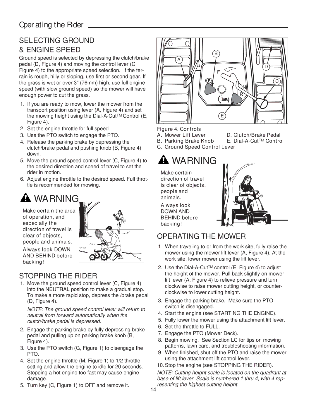 Snapper 400 Series manual Selecting Ground & Engine Speed, Stopping the Rider, Operating the Mower 