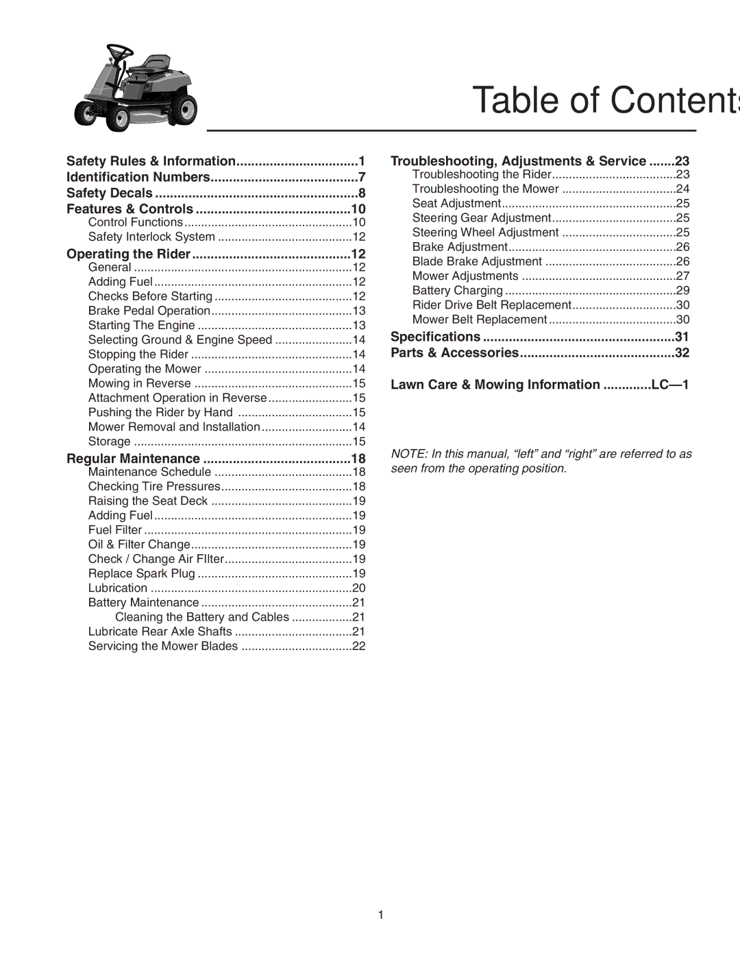 Snapper 400 Series manual Table of Contents 