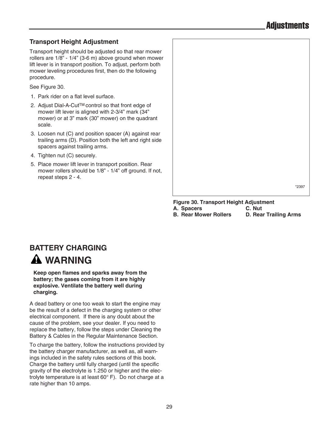 Snapper 400 Series manual Battery Charging, Transport Height Adjustment 