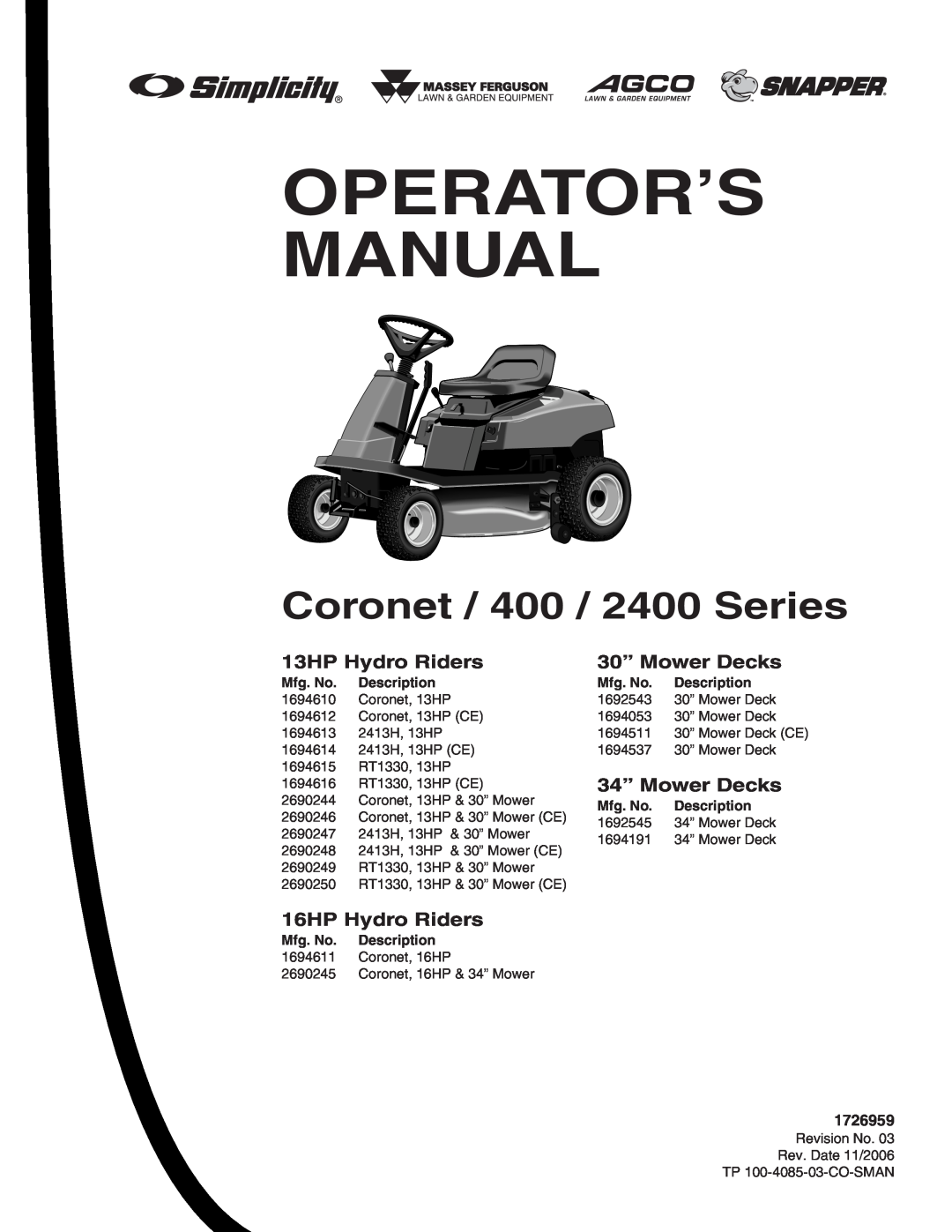 Snapper manual Operator’S Manual, Coronet / 400 / 2400 Series 