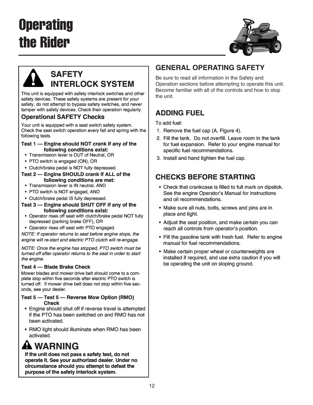 Snapper 400 Series manual General Operating Safety, Adding Fuel, Checks Before Starting, Operating the Rider 
