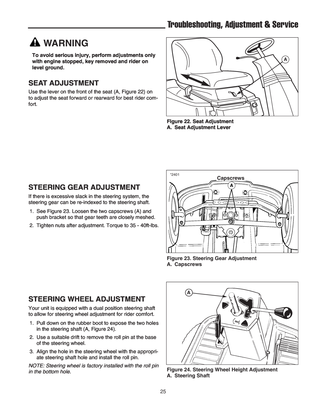 Snapper 400 Series manual Seat Adjustment, Steering Gear Adjustment, Steering Wheel Adjustment 