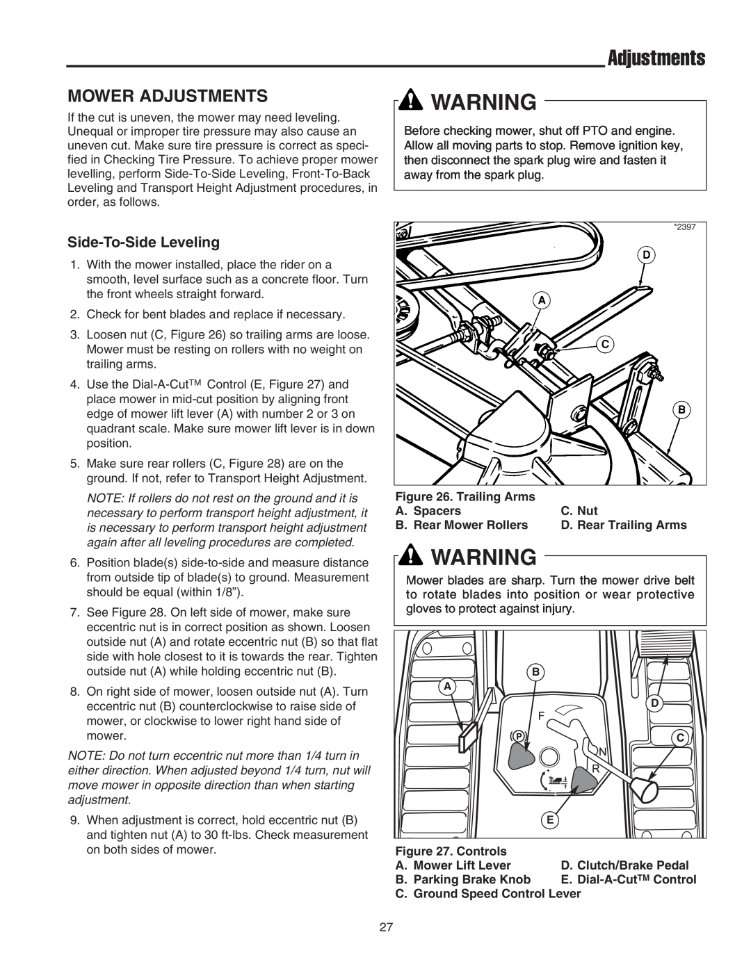Snapper 400 Series manual Mower Adjustments, Side-To-SideLeveling 