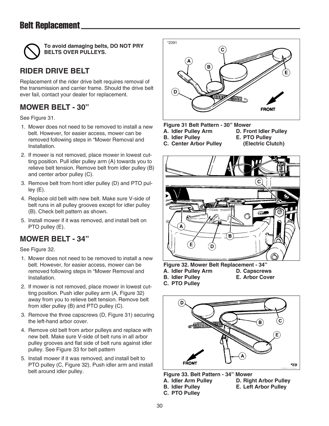 Snapper 400 Series manual Belt Replacement, Rider Drive Belt, MOWER BELT - 30”, MOWER BELT - 34” 