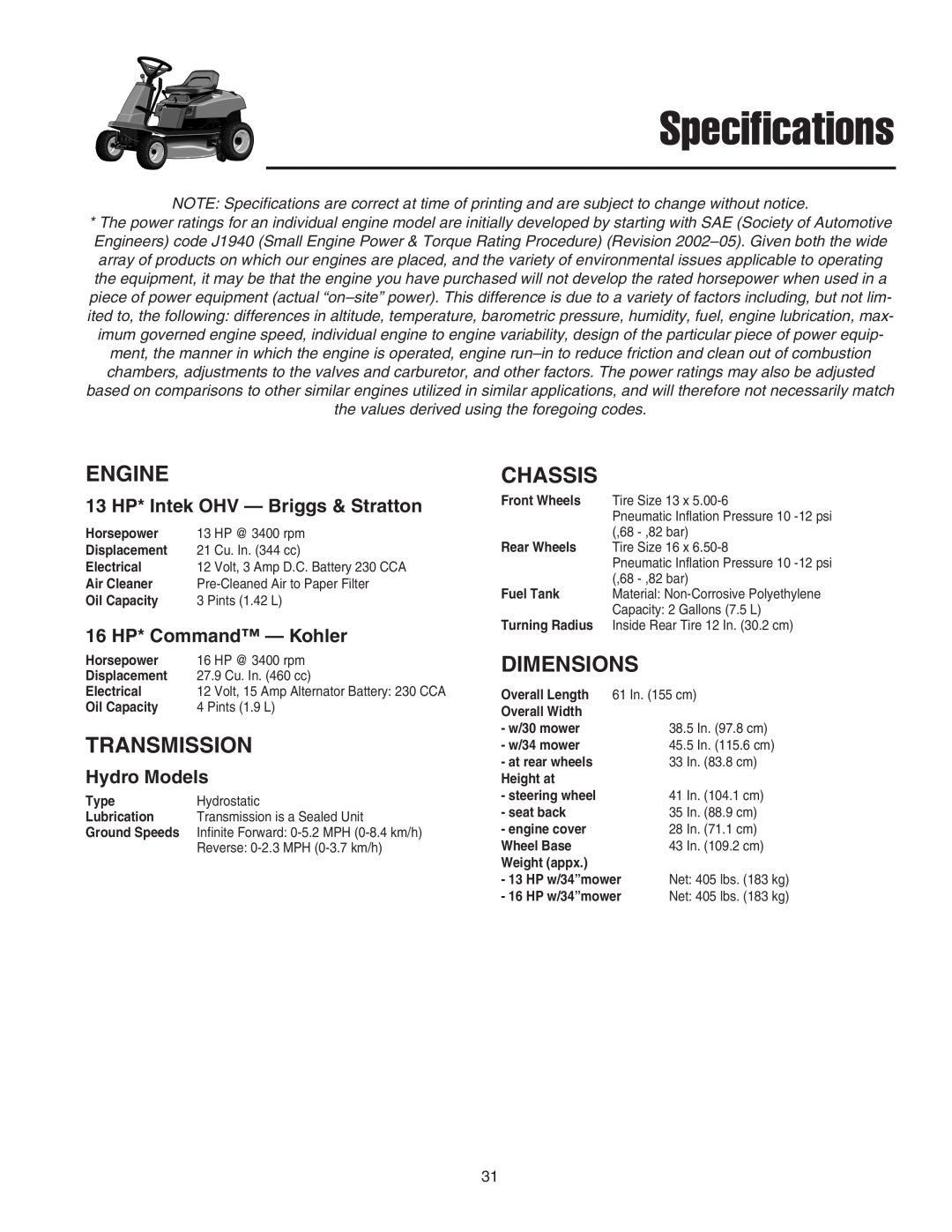 Snapper 400 Series manual Specifications, Engine, Transmission, Chassis, Dimensions 
