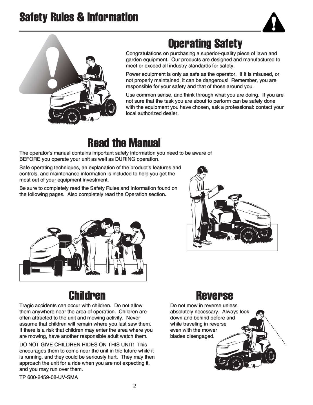 Snapper 400 Series manual Safety Rules & Information Operating Safety, Read the Manual, ChildrenReverse 