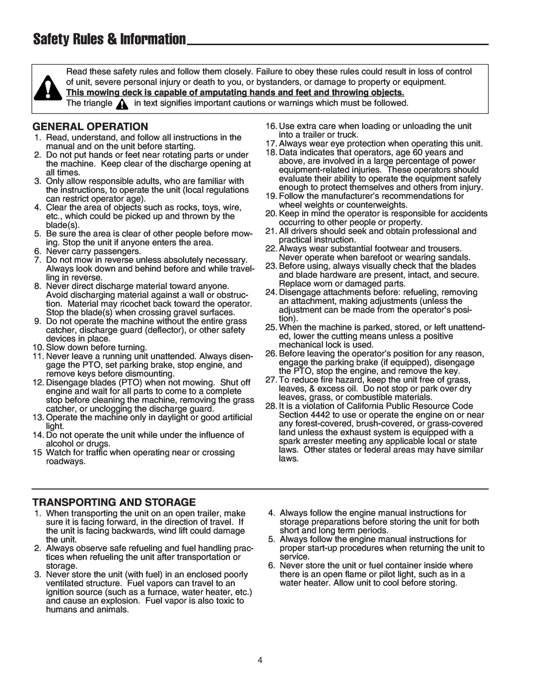 Snapper 400 Series manual Safety Rules & Information, General Operation, Transporting And Storage 