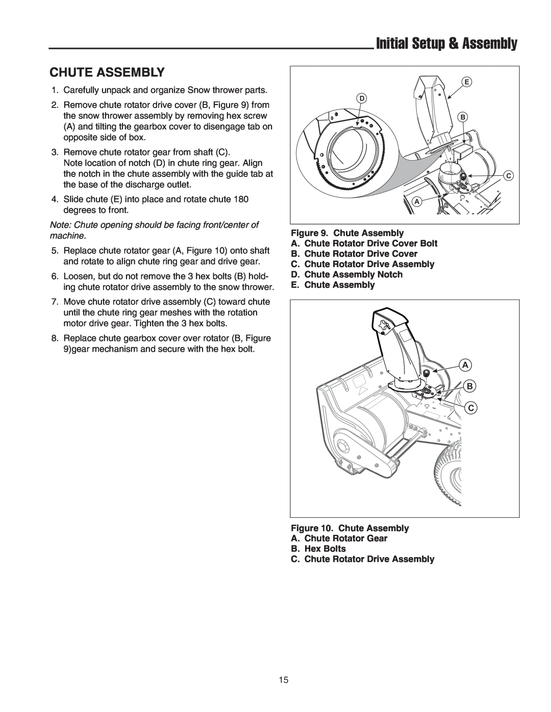 Snapper 42" Single-Stage Snowthrower manual Initial Setup & Assembly, Chute Assembly, A.Chute Rotator Drive Cover Bolt 