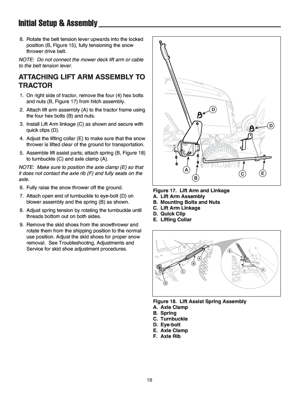 Snapper 42" Single-Stage Snowthrower manual Attaching Lift Arm Assembly To Tractor, Initial Setup & Assembly 
