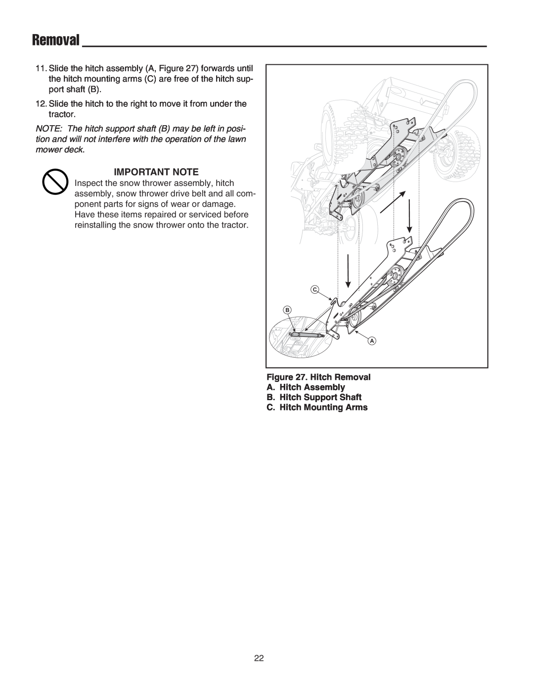 Snapper 42" Single-Stage Snowthrower manual Important Note, Hitch Removal A.Hitch Assembly 