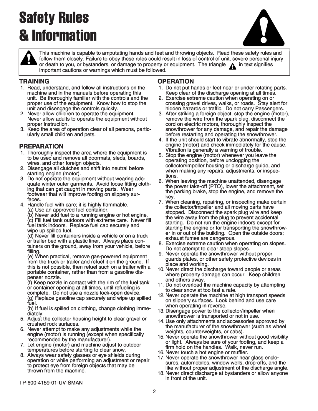 Snapper 42" Single-Stage Snowthrower manual Safety Rules & Information, Training, Preparation, Operation 