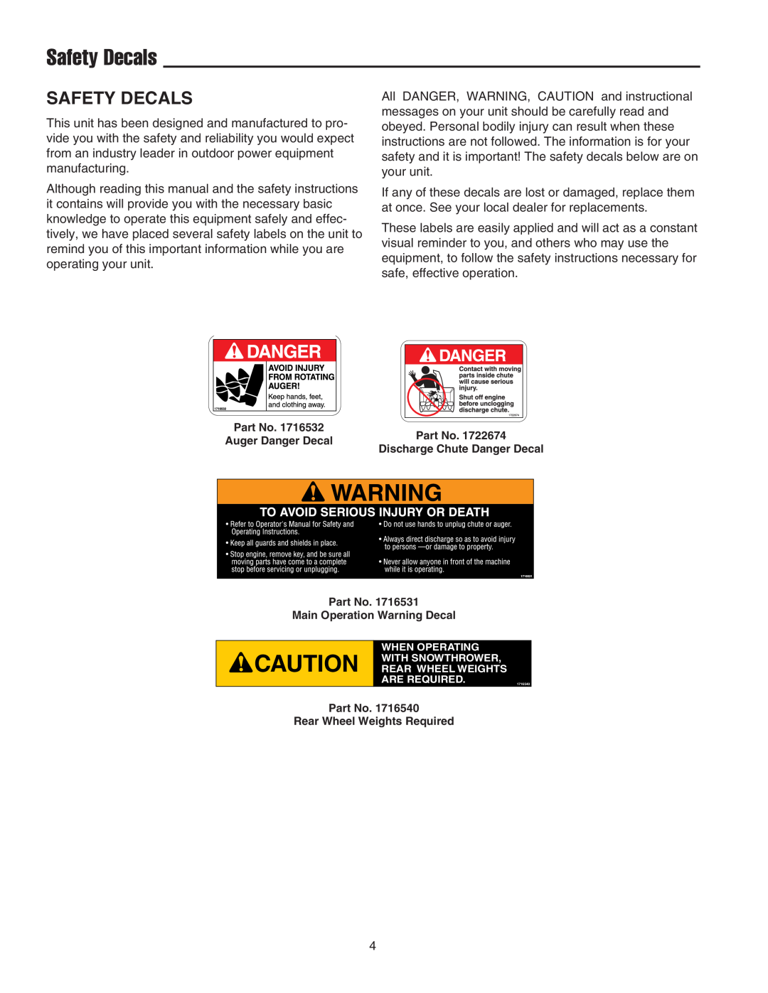 Snapper 42" Single-Stage Snowthrower manual Safety Decals 