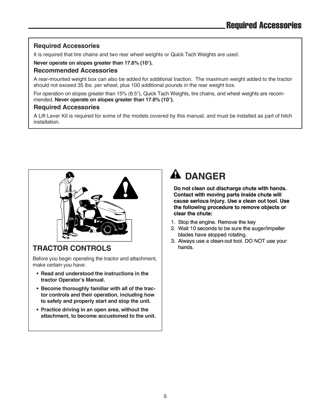 Snapper 42" Single-Stage Snowthrower manual Required Accessories, Danger, Tractor Controls, Recommended Accessories 