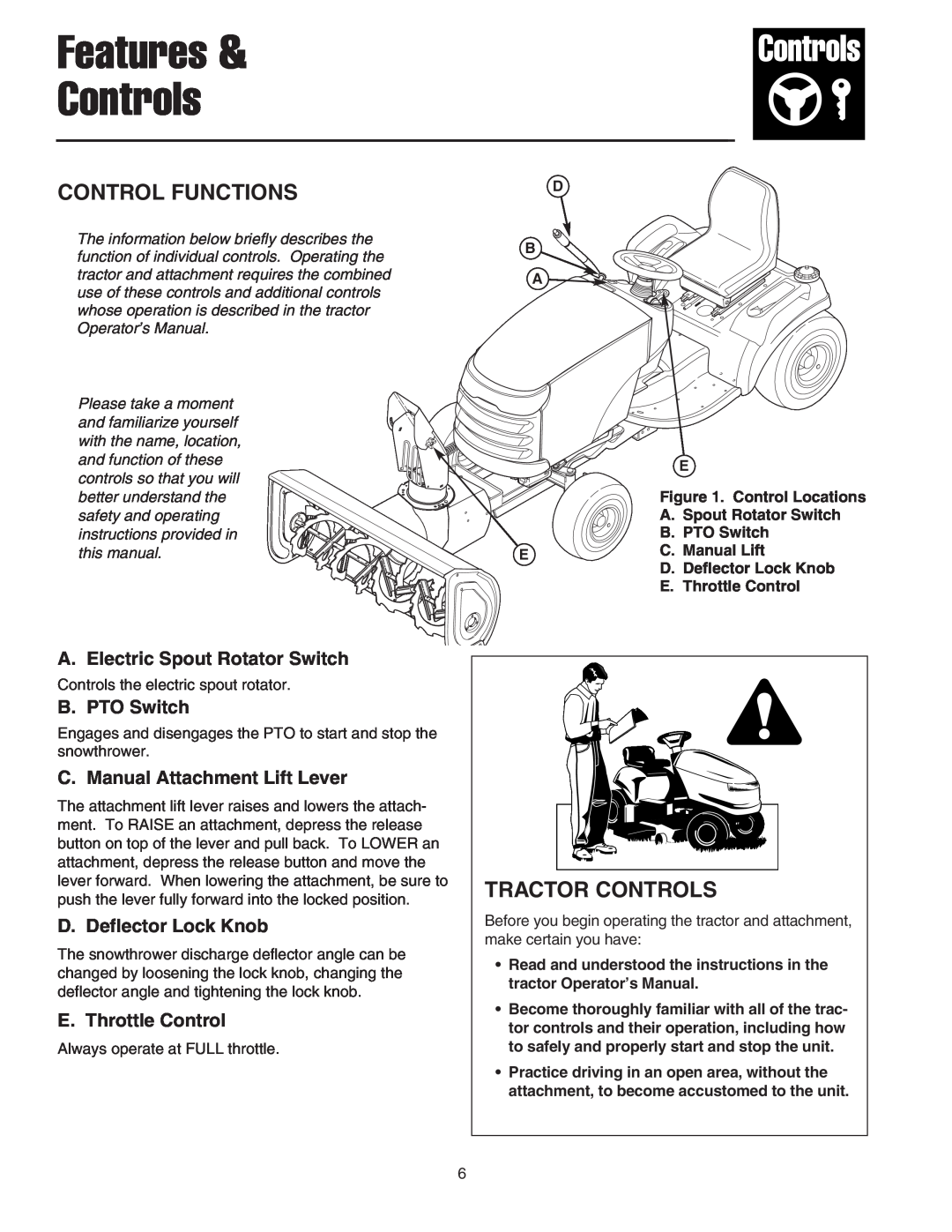 Snapper 42" Single-Stage Snowthrower Control Functions, A. Electric Spout Rotator Switch, B. PTO Switch, Tractor Controls 