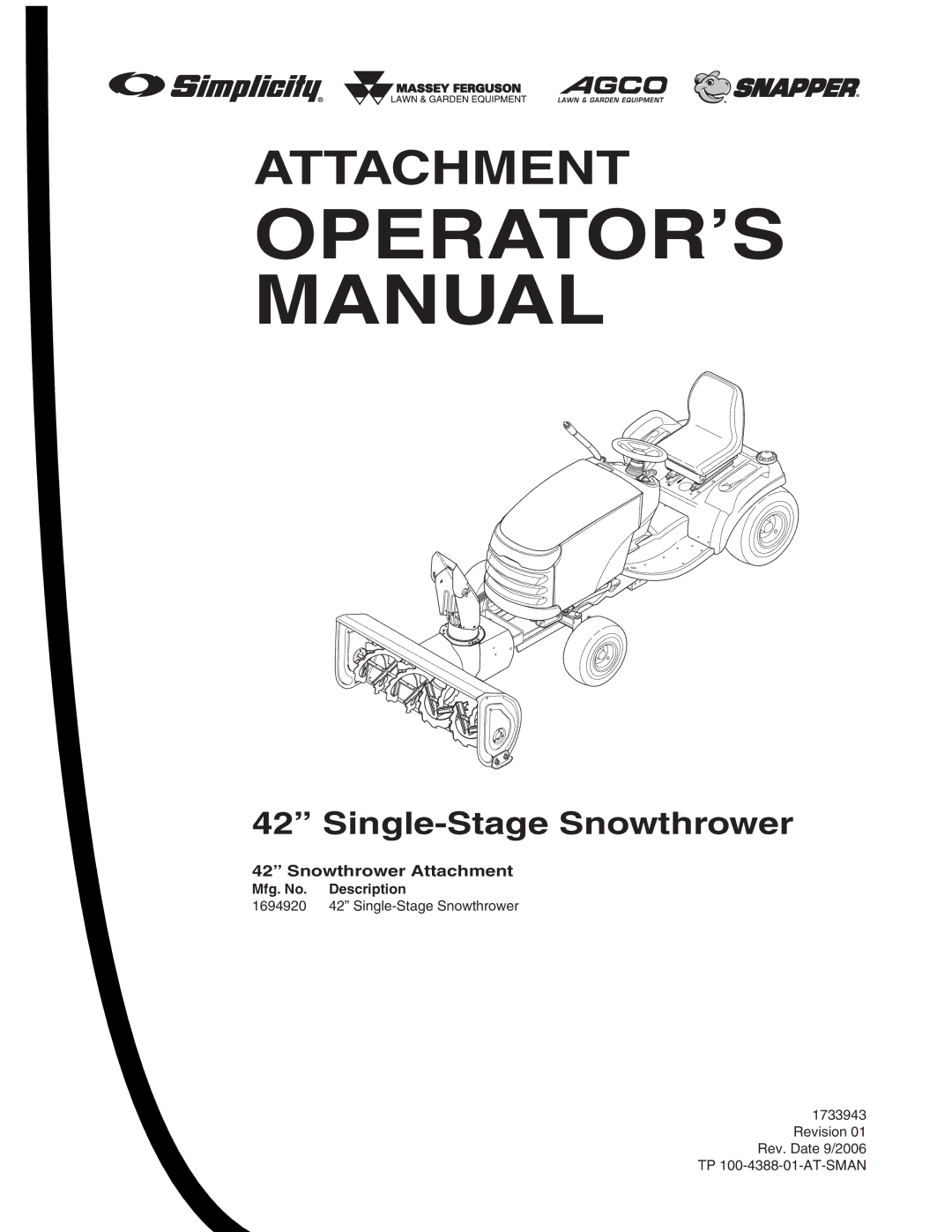 Snapper 42 Single-Stage Snowthrower manual OPERATOR’S Manual 