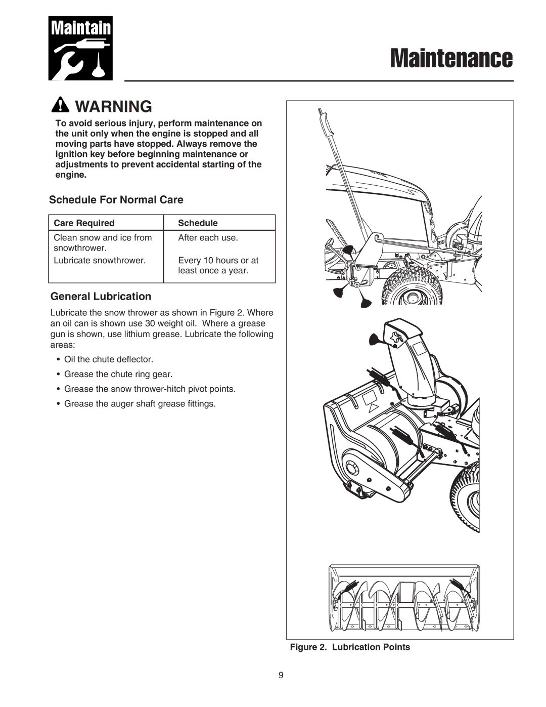 Snapper 42 Single-Stage Snowthrower manual Schedule For Normal Care, General Lubrication 