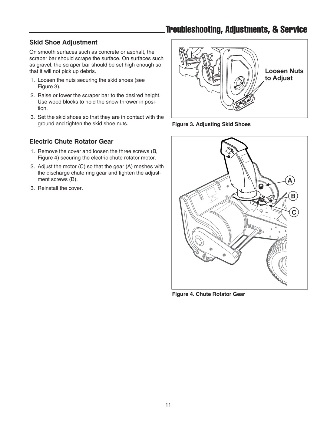 Snapper 42 Single-Stage Snowthrower manual Skid Shoe Adjustment, Electric Chute Rotator Gear 