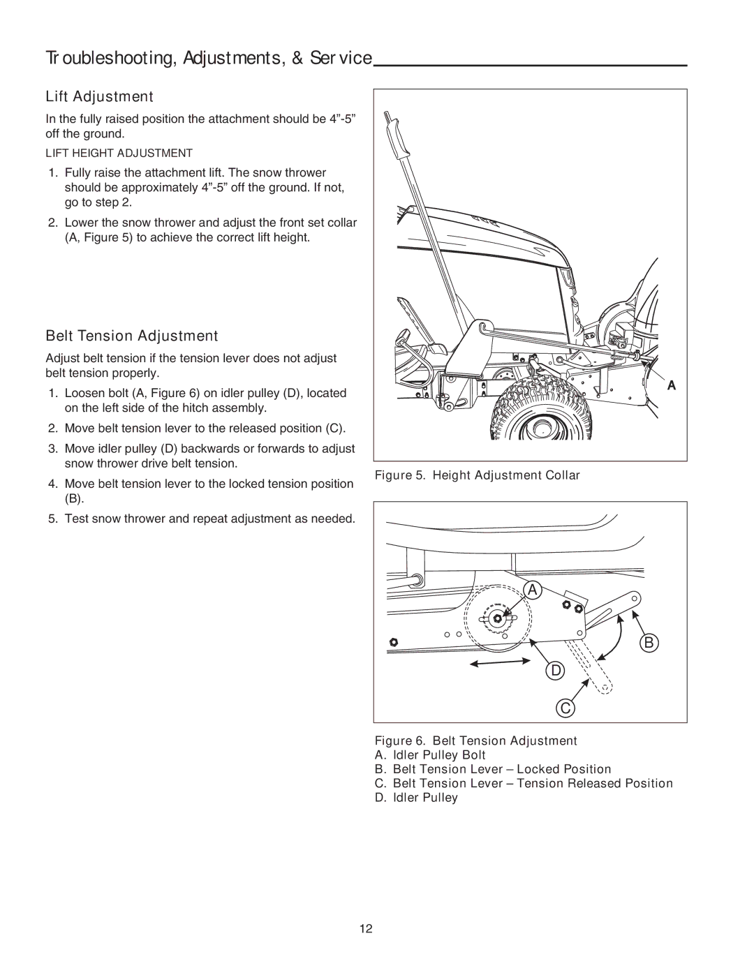 Snapper 42 Single-Stage Snowthrower Troubleshooting, Adjustments, & Service, Lift Adjustment, Belt Tension Adjustment 