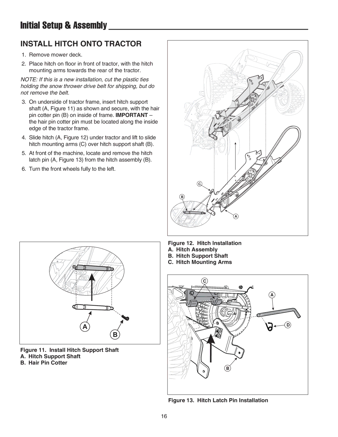 Snapper 42 Single-Stage Snowthrower manual Install Hitch Onto Tractor, Install Hitch Support Shaft Hair Pin Cotter 