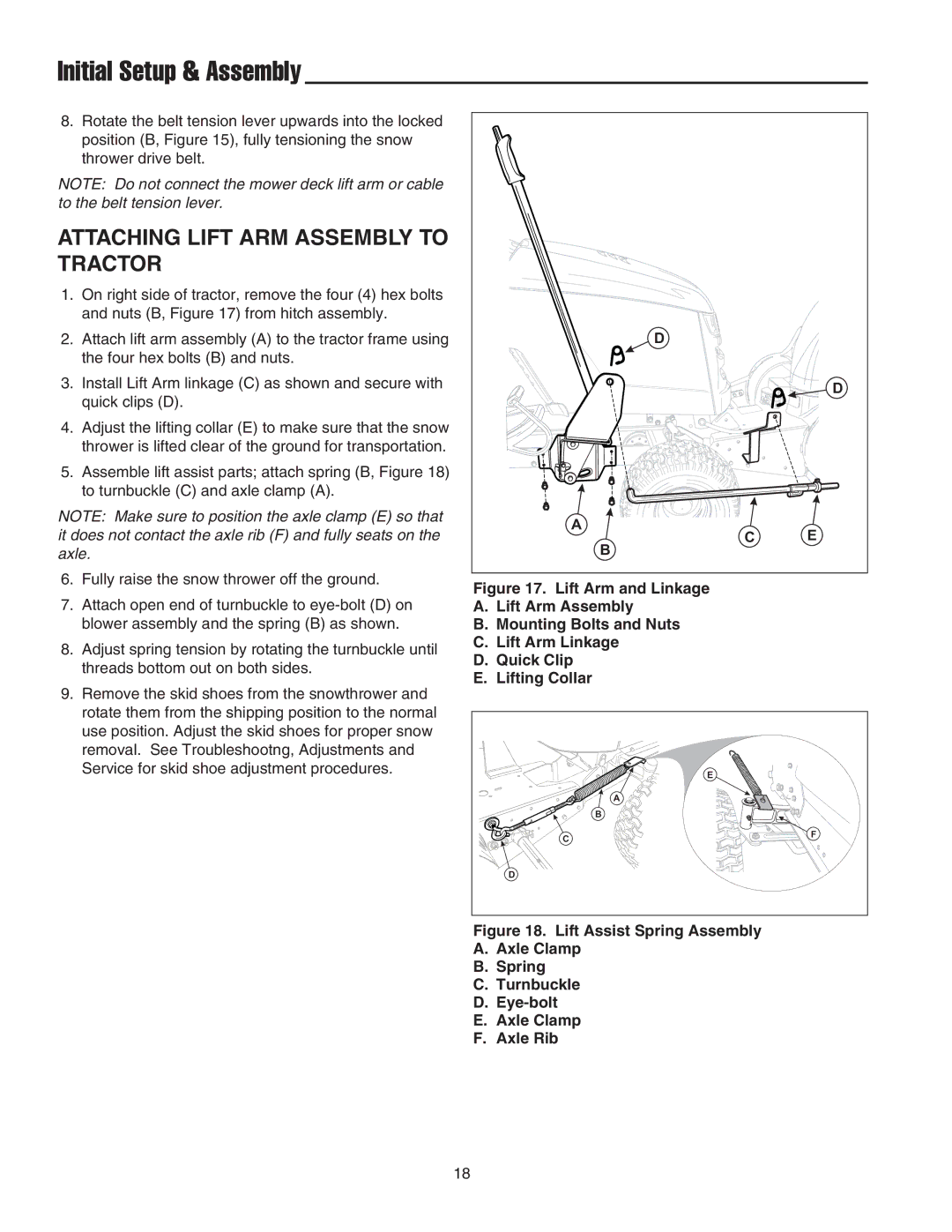 Snapper 42 Single-Stage Snowthrower manual Attaching Lift ARM Assembly to Tractor 